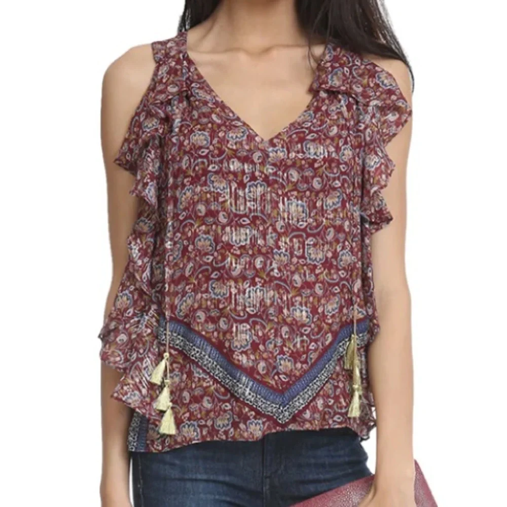 Ramy Brook Burgundy Gold Paisley Print Flowy Blouse - Picture 5 of 5